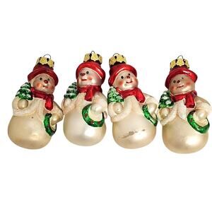 Lot of 4  Vintage Festive Snowman Ornaments Red, Green, Gold, and White 4 " Tall